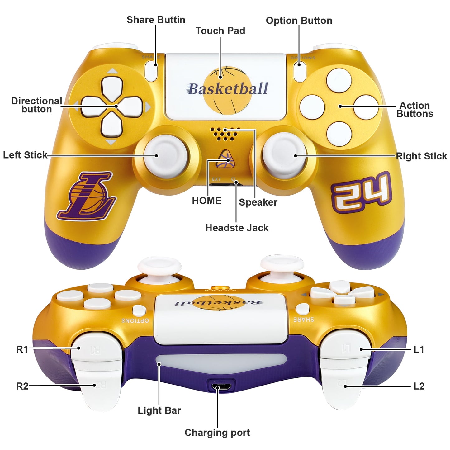 Wireless Controller Dual Vibration Game Joystick Controller for PS4/Slim/Pro Console (Basketball)