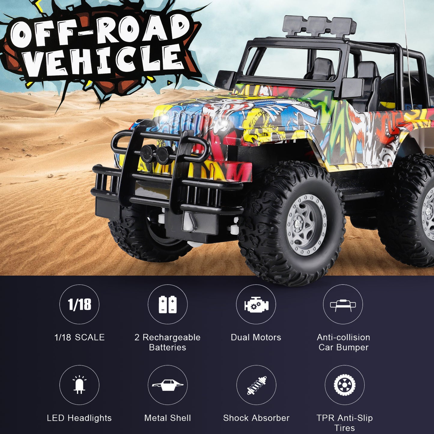 Kids Toys RC Cars Jeep Monster Truck 1:18 Remote Control Car 2.4GHz Off Road All Terrain Car Toys for 3-9 Years Old Boys Girls