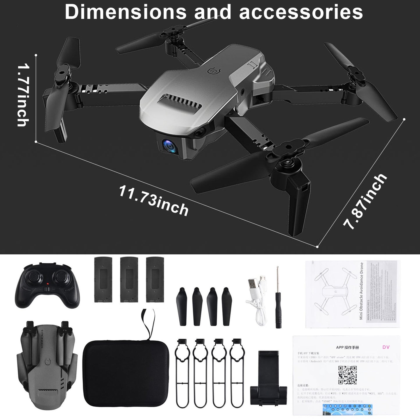 Drone with Dual 4K Camera 120°wide-Angle WiFi Quadcopter ( 3 x Batteries ) Gravity Sensor Voice Control Gesture Control Altitude Hold Auto Hover Trajectory Flight Flip RTF