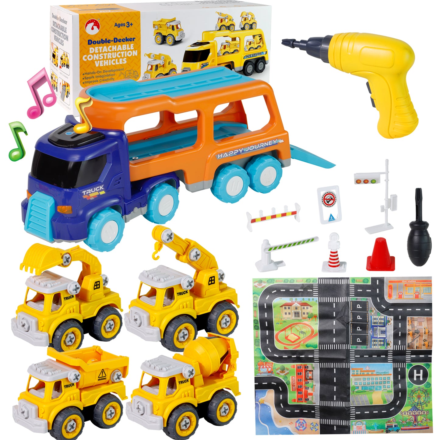 Take Apart Construction Truck Cars Toys for 2 3 4 5 Years Old Toddlers Boys Big Transport Carrier Truck with 4 Small Take Apart Engineering Trucks and Drills Toys with Sound and Light