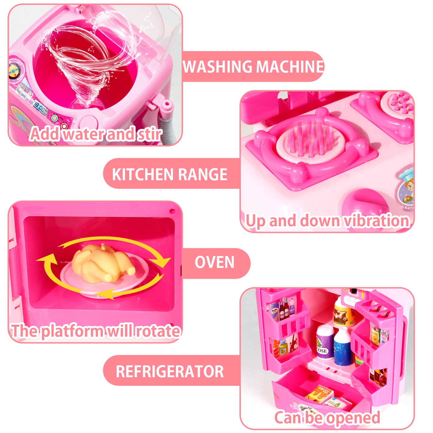 Kitchen Playset Toys for Girls Refrigerator Fridge Microwave Oven Washing machine Kids Playset with 25-Pcs Accessories Lights & Sounds