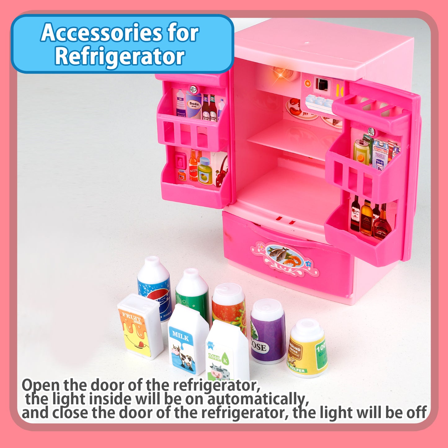 Kitchen Playset Toys for Girls Refrigerator Fridge Microwave Oven Washing machine Kids Playset with 25-Pcs Accessories Lights & Sounds
