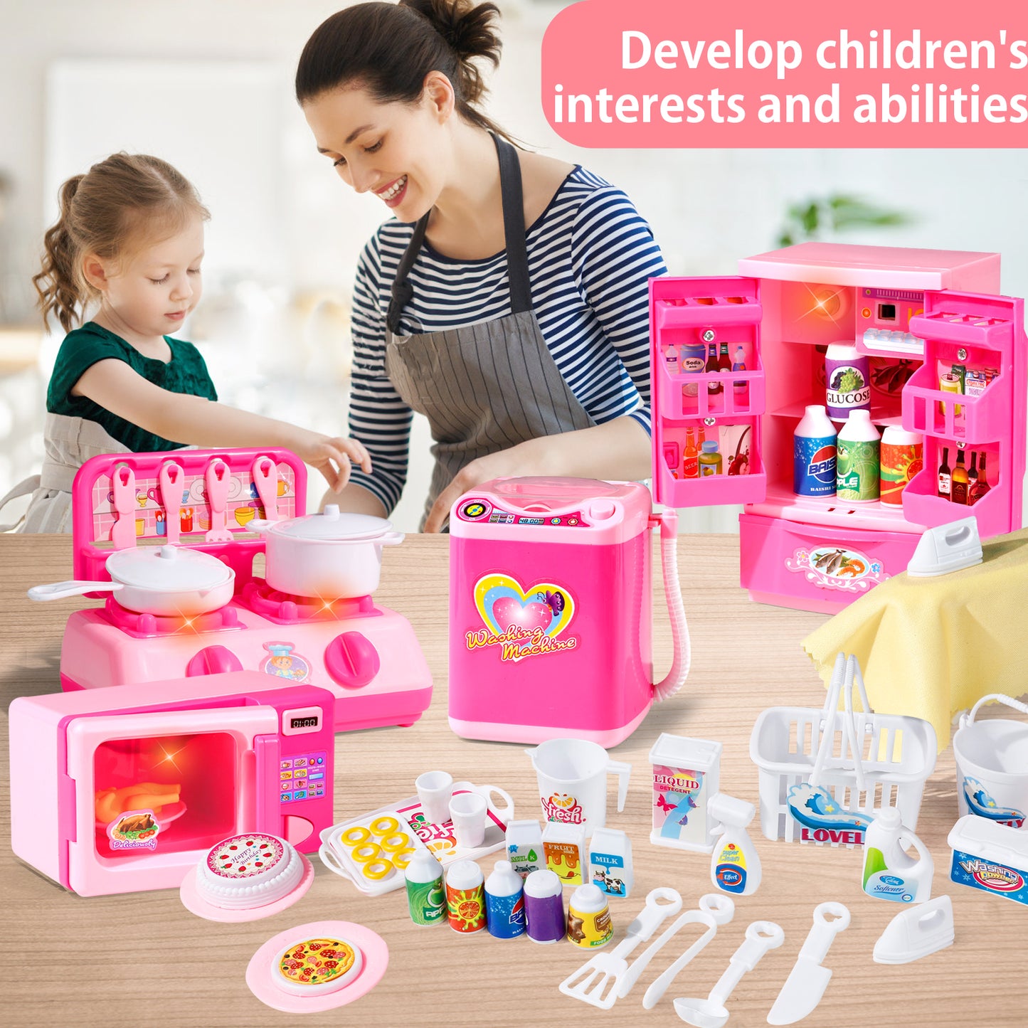 Kitchen Playset Toys for Girls Refrigerator Fridge Microwave Oven Washing machine Kids Playset with 25-Pcs Accessories Lights & Sounds