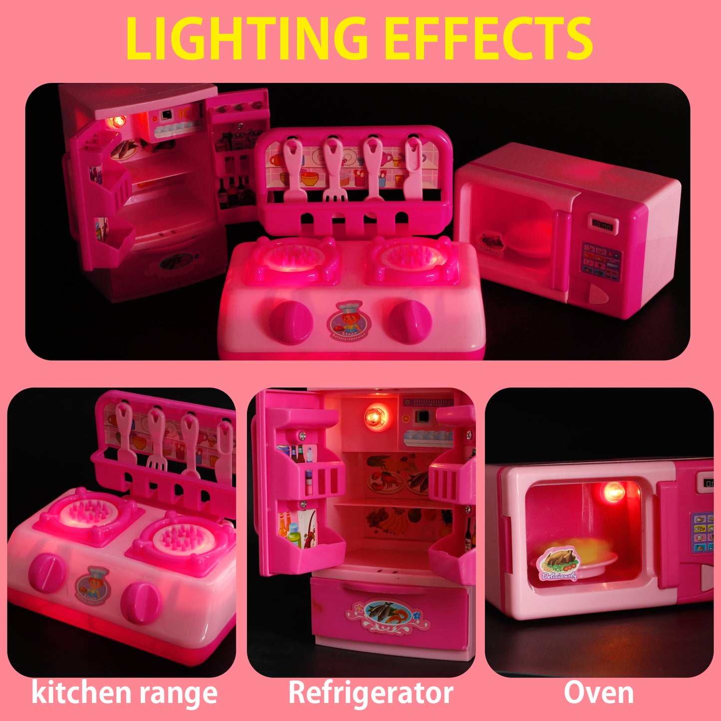 Kitchen Playset Toys for Girls Refrigerator Fridge Microwave Oven Washing machine Kids Playset with 25-Pcs Accessories Lights & Sounds