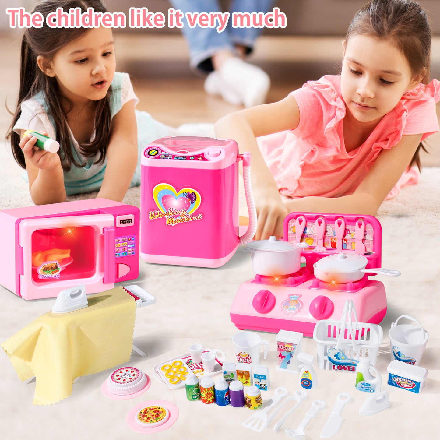 Kitchen Playset Toys for Girls Refrigerator Fridge Microwave Oven Washing machine Kids Playset with 25-Pcs Accessories Lights & Sounds