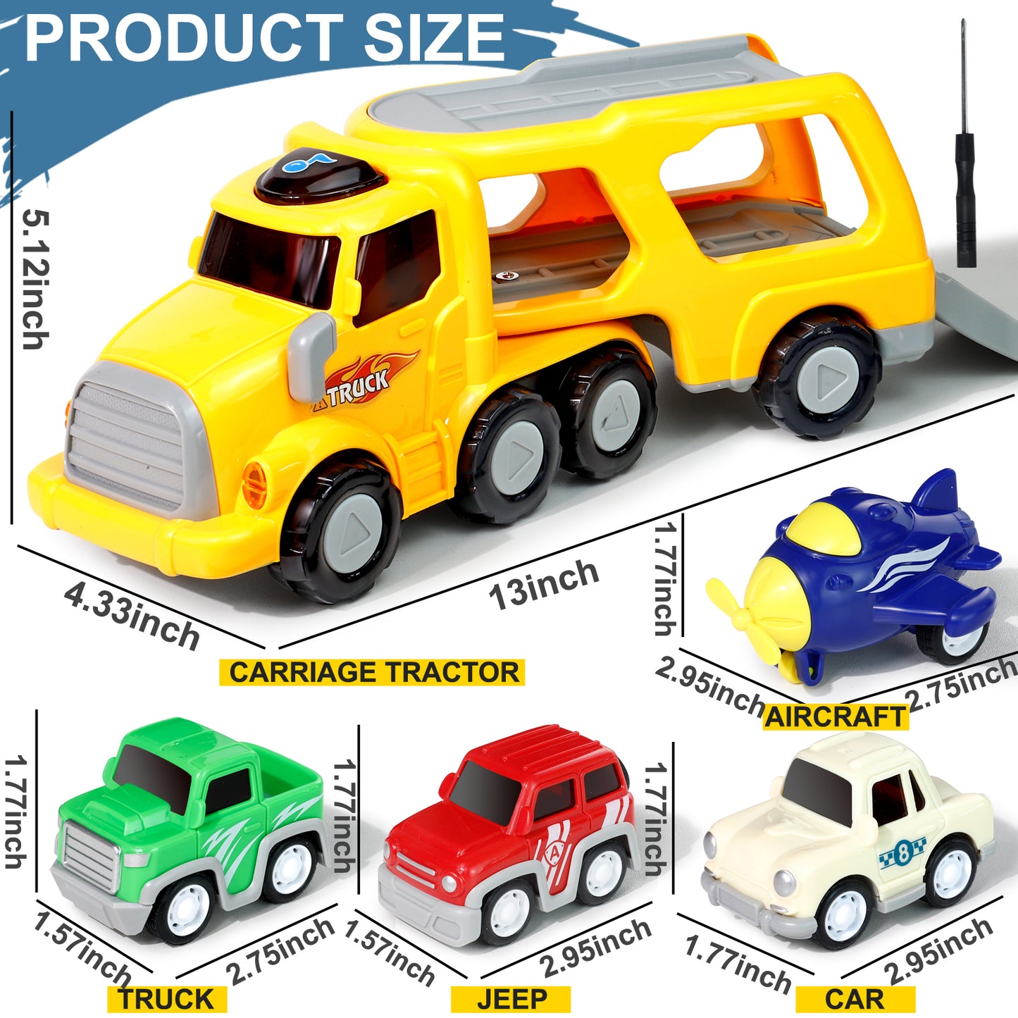 Truck Toys for 3 4 5 6 Year Old Boys, 5-in-1 Friction Power Toy Vehicle in Carrier Truck, Toddler Toys Car Toys plane for Boys for Kids Aged 3+