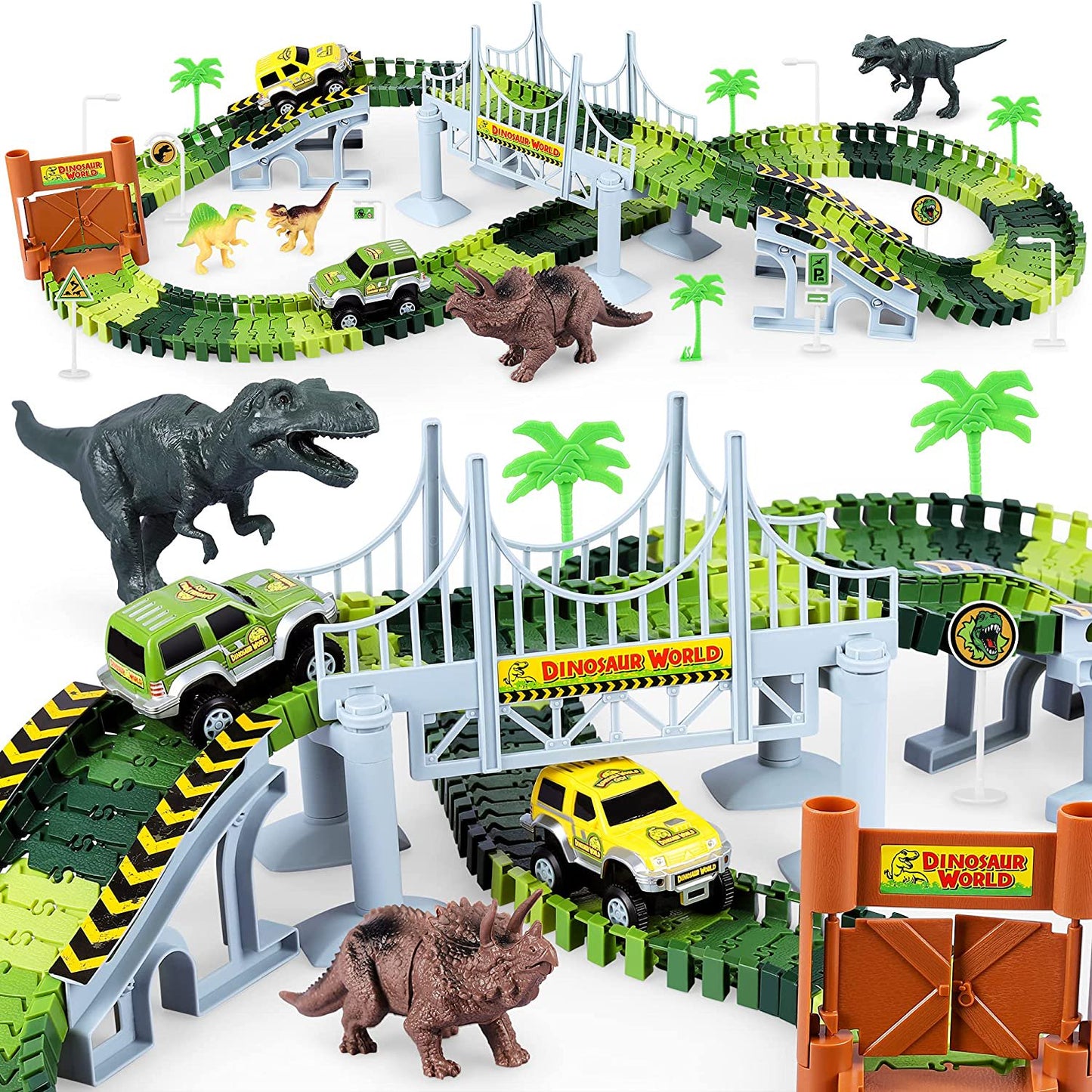 Dinosaur Toys-142 pcs Create A Dinosaur World Road Race-Flexible Track Playset ,2 Dinosaurs and 1 Race Car Toys for 3 4 5 6 Year & Up Old boy Girls Best Gift