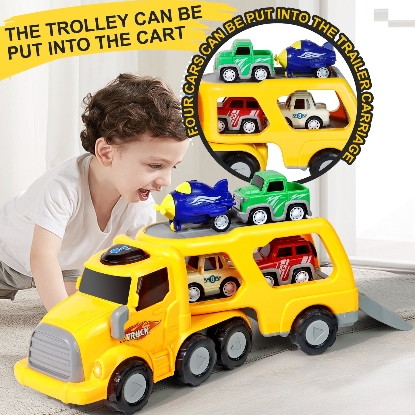 Truck Toys for 3 4 5 6 Year Old Boys, 5-in-1 Friction Power Toy Vehicle in Carrier Truck, Toddler Toys Car Toys plane for Boys for Kids Aged 3+