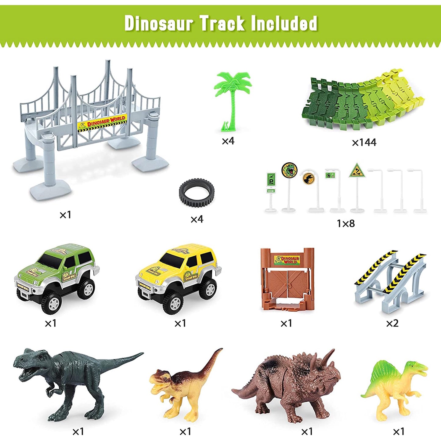 Dinosaur Toys-142 pcs Create A Dinosaur World Road Race-Flexible Track Playset ,2 Dinosaurs and 1 Race Car Toys for 3 4 5 6 Year & Up Old boy Girls Best Gift