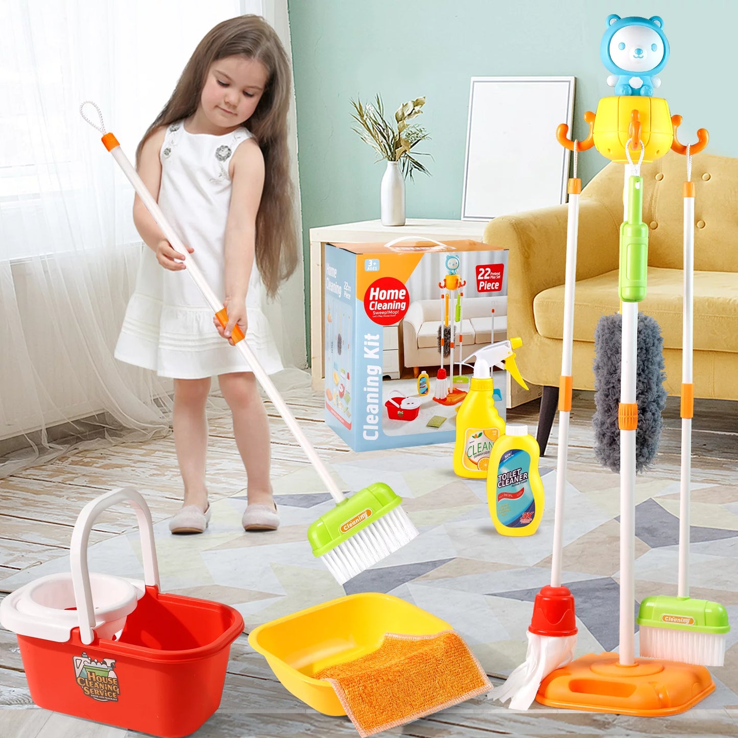 NETNEW Kids Cleaning Set Toys 22 Piece for Toddlers Pretend Play Broom Set Household Cleaning Tools Girl & Boys Toy Kitchen