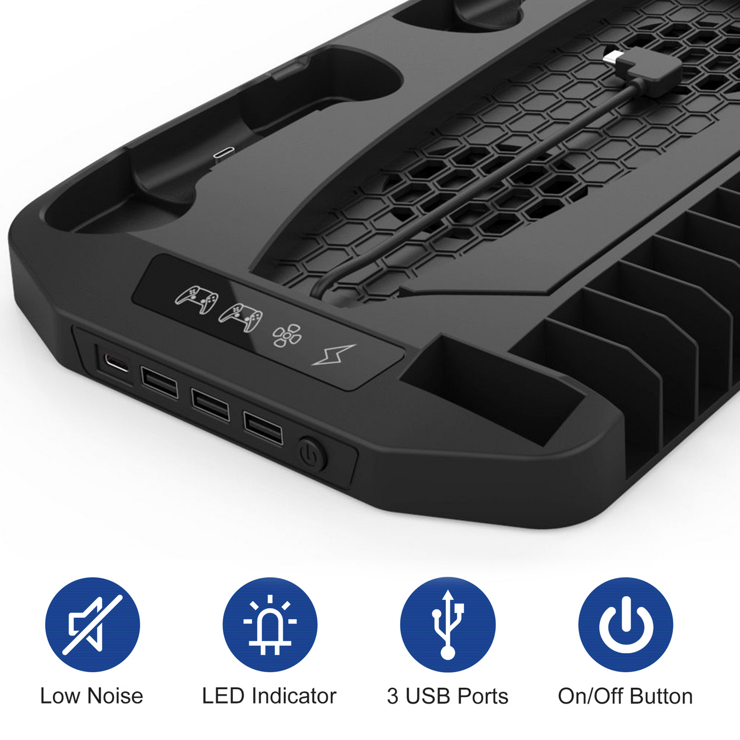 PS5 Vertical Stand Cooling Fan System Dual Controller Charging Station Docks with LED Indicator and 3 Port USB Hub for PS5