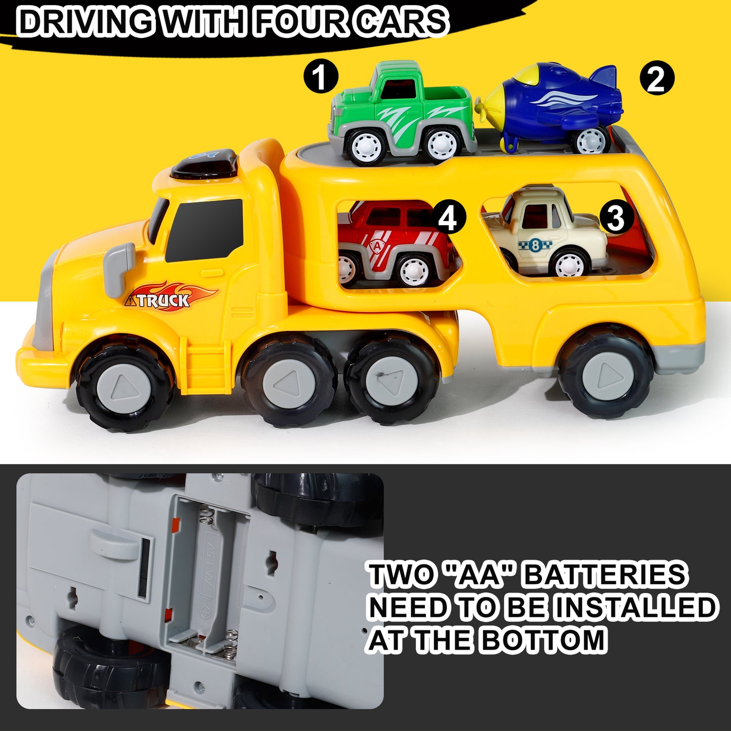 Truck Toys for 3 4 5 6 Year Old Boys, 5-in-1 Friction Power Toy Vehicle in Carrier Truck, Toddler Toys Car Toys plane for Boys for Kids Aged 3+