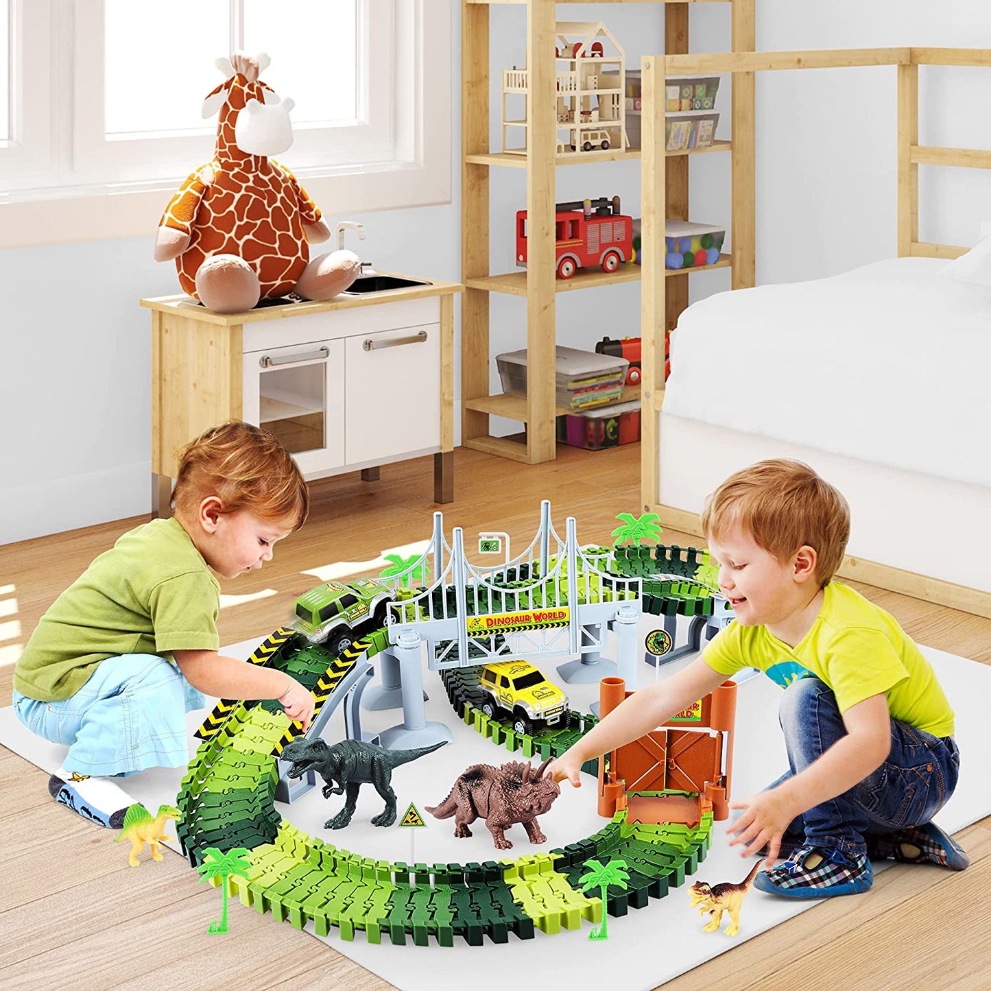 Dinosaur Toys-142 pcs Create A Dinosaur World Road Race-Flexible Track Playset ,2 Dinosaurs and 1 Race Car Toys for 3 4 5 6 Year & Up Old boy Girls Best Gift
