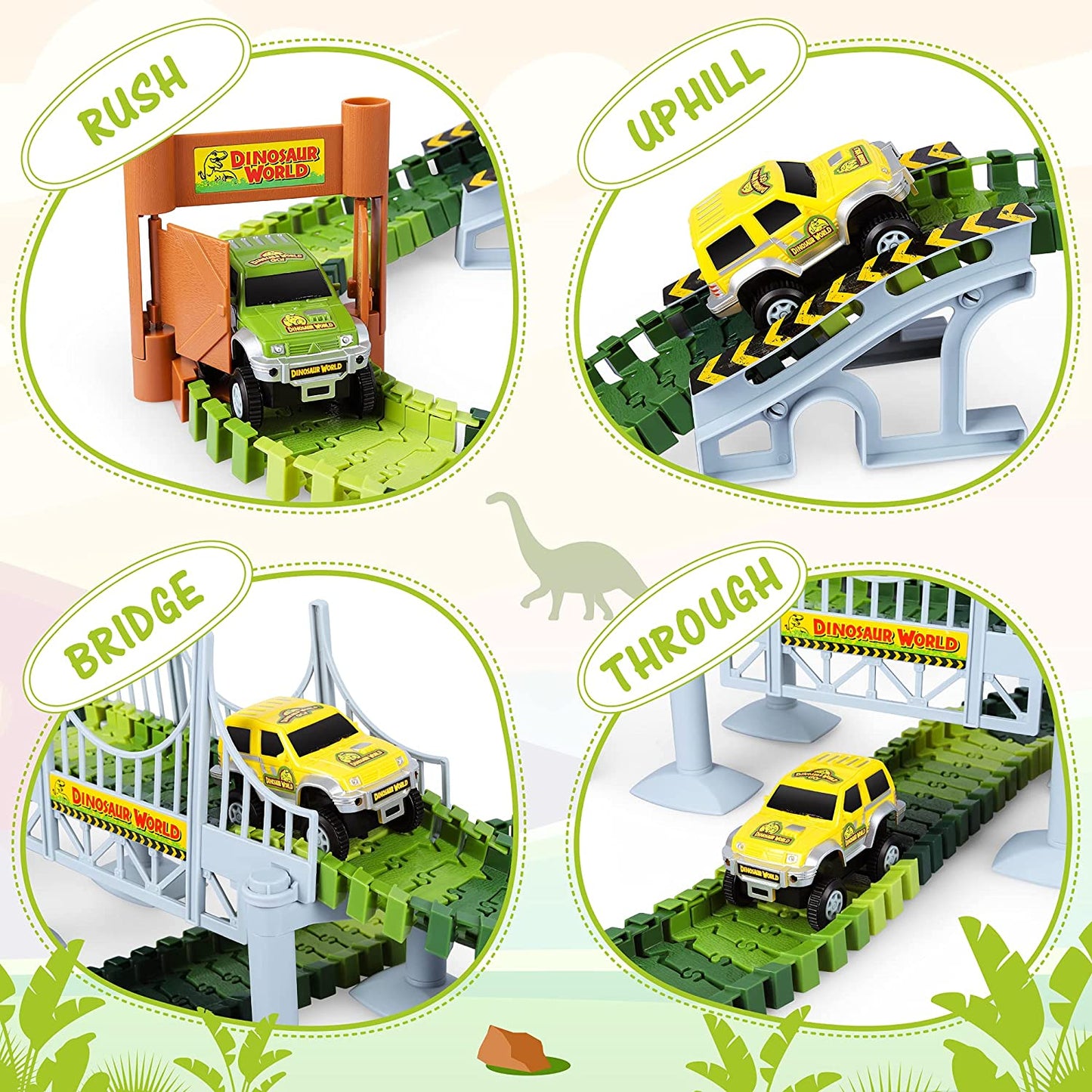 Dinosaur Toys-142 pcs Create A Dinosaur World Road Race-Flexible Track Playset ,2 Dinosaurs and 1 Race Car Toys for 3 4 5 6 Year & Up Old boy Girls Best Gift