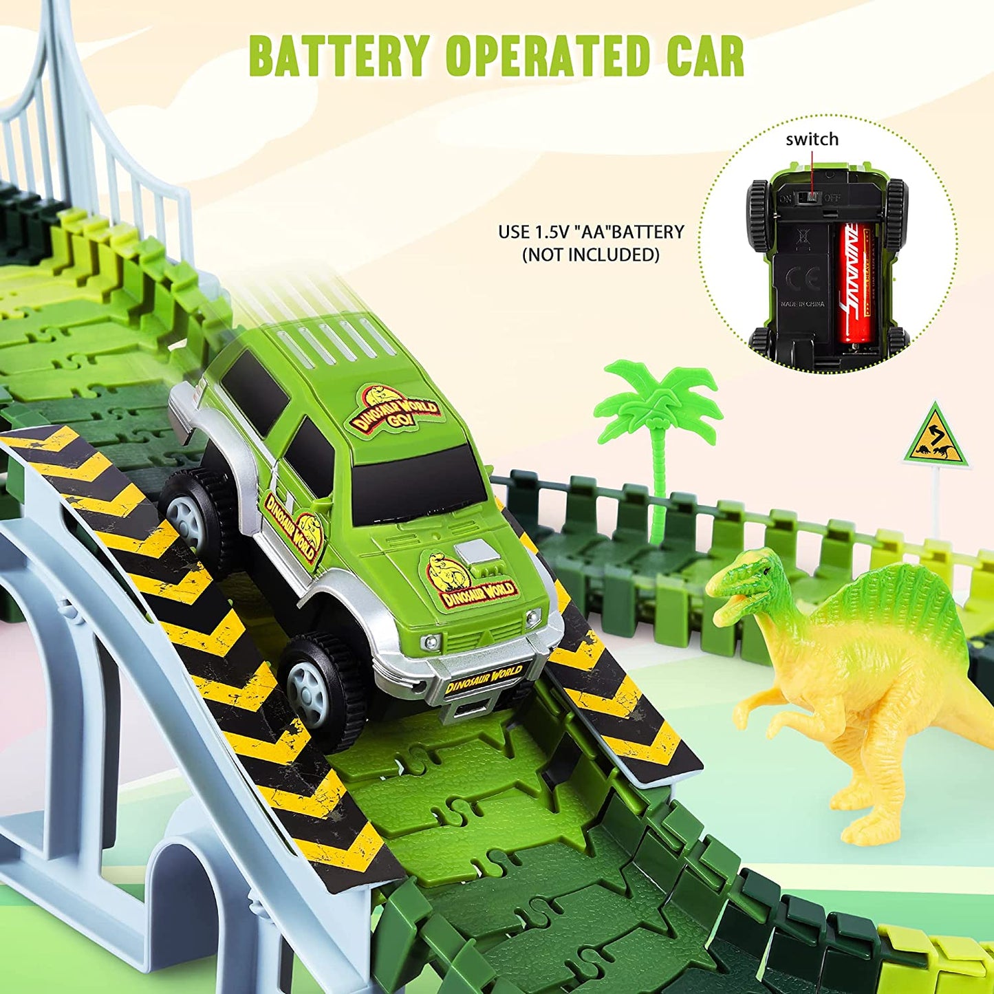 Dinosaur Toys-142 pcs Create A Dinosaur World Road Race-Flexible Track Playset ,2 Dinosaurs and 1 Race Car Toys for 3 4 5 6 Year & Up Old boy Girls Best Gift