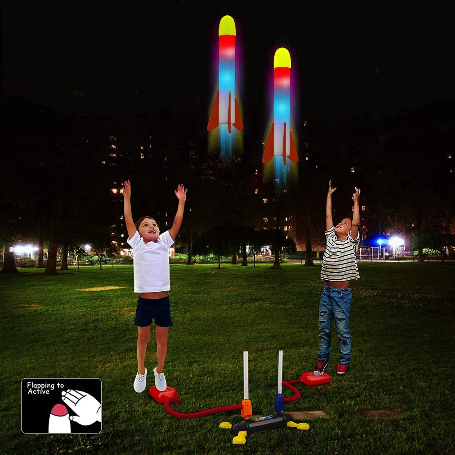 Dual Shoot Stomp Rocket Ultra Rocket Launcher Outdoor Toys for Kids with 6 Flashing Foam Tipped Rockets for 3 4 5 6 Ages Boys or Girls Birthday Christmas Gift