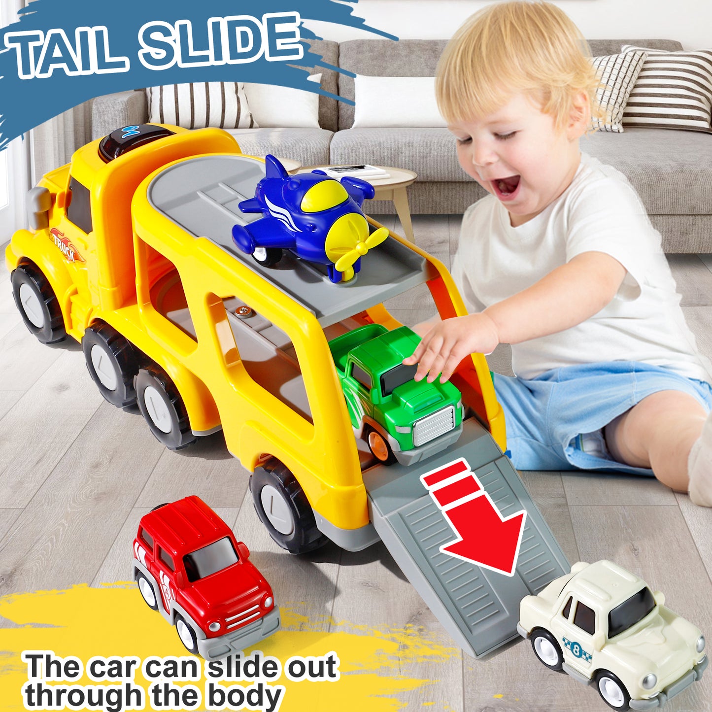 Truck Toys for 3 4 5 6 Year Old Boys, 5-in-1 Friction Power Toy Vehicle in Carrier Truck, Toddler Toys Car Toys plane for Boys for Kids Aged 3+