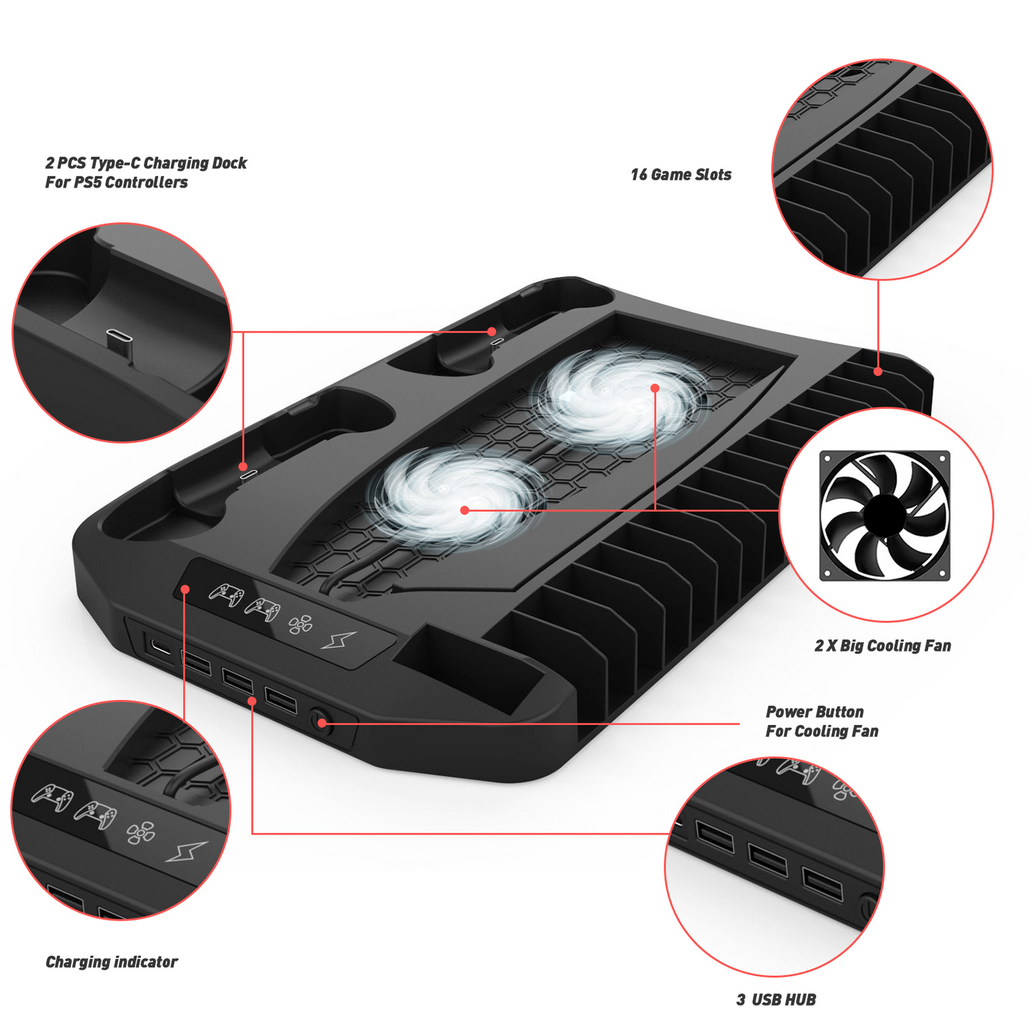 PS5 Vertical Stand Cooling Fan System Dual Controller Charging Station Docks with LED Indicator and 3 Port USB Hub for PS5