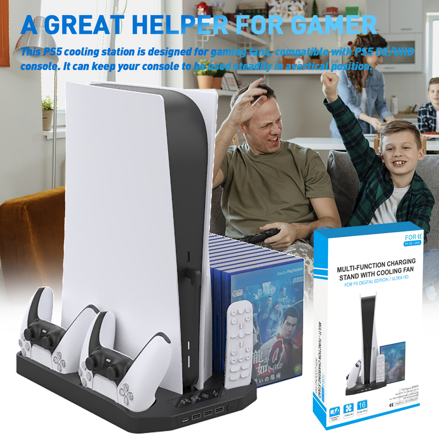 PS5 Vertical Stand Cooling Fan System Dual Controller Charging Station Docks with LED Indicator and 3 Port USB Hub for PS5