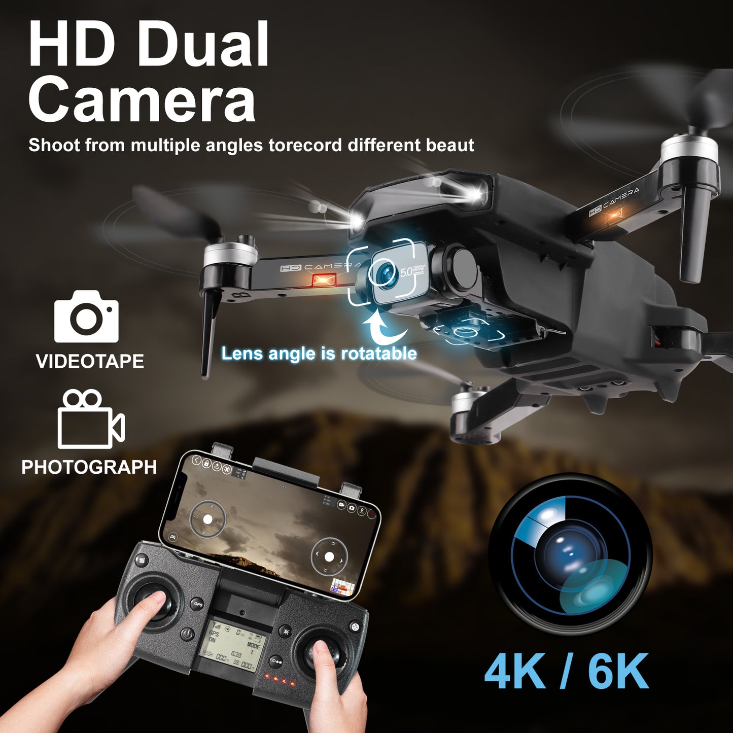 4K 3-axis Gimbal EIS 5G GPS Drones with Dual UHD Camera for Adults Anti-Shake Quadcopter WIFI FPV 60Mins Flight Time 120°FOV 50times Zoom Brushless Motor