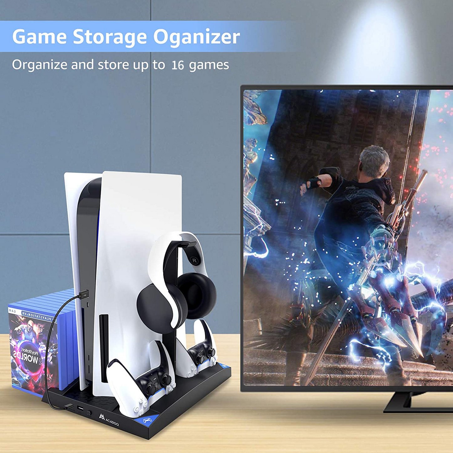 PS5 Vertical Stand Cooling Fan System Dual Controller Charging Station Docks with LED Indicator and 3 Port USB Hub for PS5