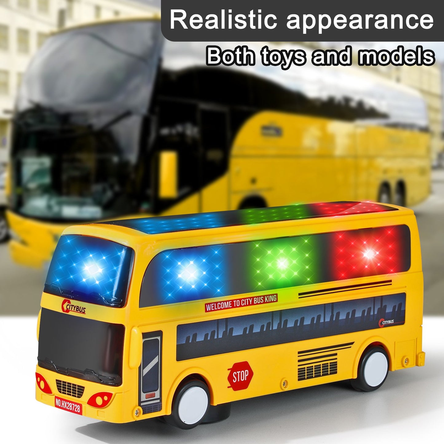 NETNEW Model City Bus Toys for Kids Yellow Toy Vehicle Toddlers with Flashing LED Lights and Music Boys and Girls