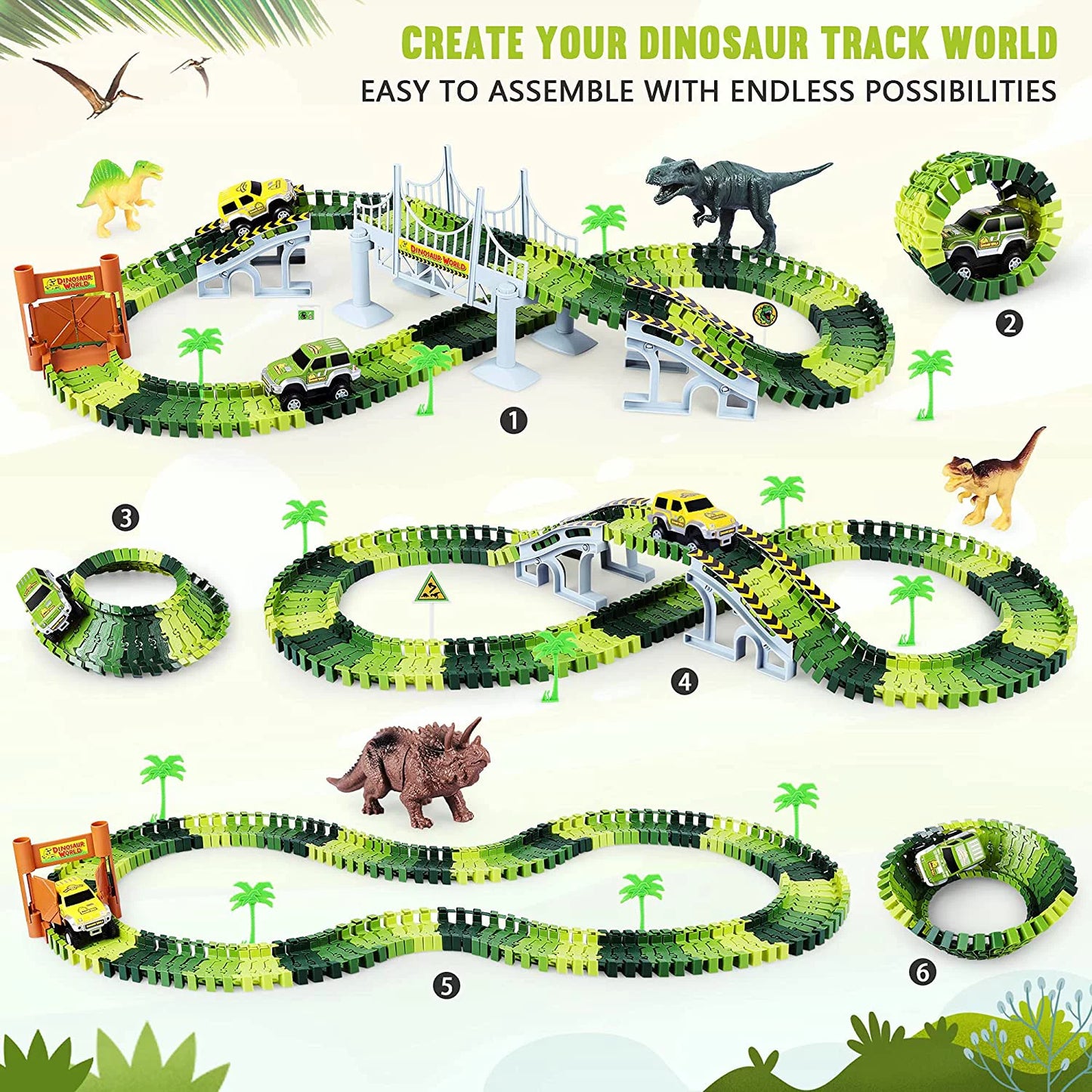 Dinosaur Toys-142 pcs Create A Dinosaur World Road Race-Flexible Track Playset ,2 Dinosaurs and 1 Race Car Toys for 3 4 5 6 Year & Up Old boy Girls Best Gift
