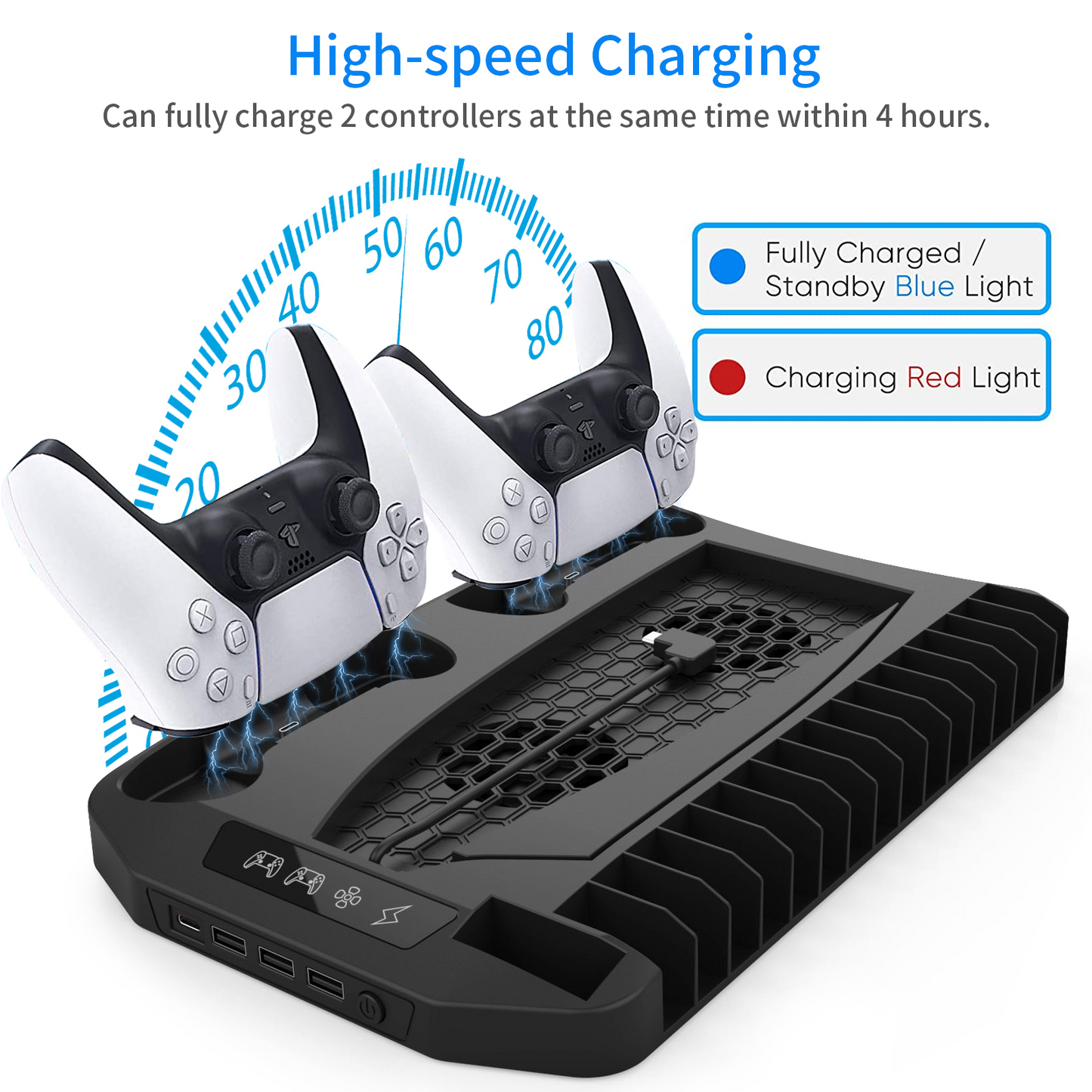 PS5 Vertical Stand Cooling Fan System Dual Controller Charging Station Docks with LED Indicator and 3 Port USB Hub for PS5