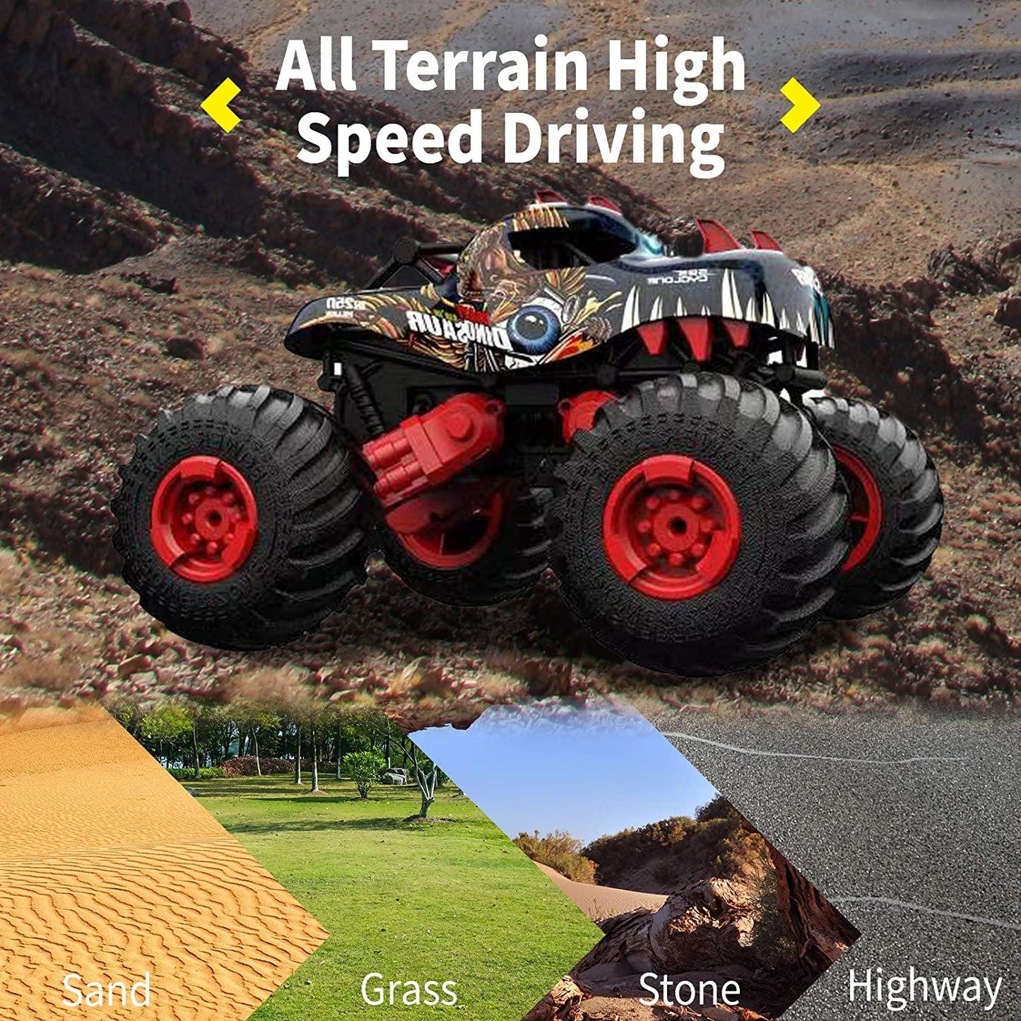 1:16 Dinosaur RC Cars Monster Trucks for Boys Remote Control Car for Kids Toys Off Road 20+MPH 2.4GHz All Terrain 4WD