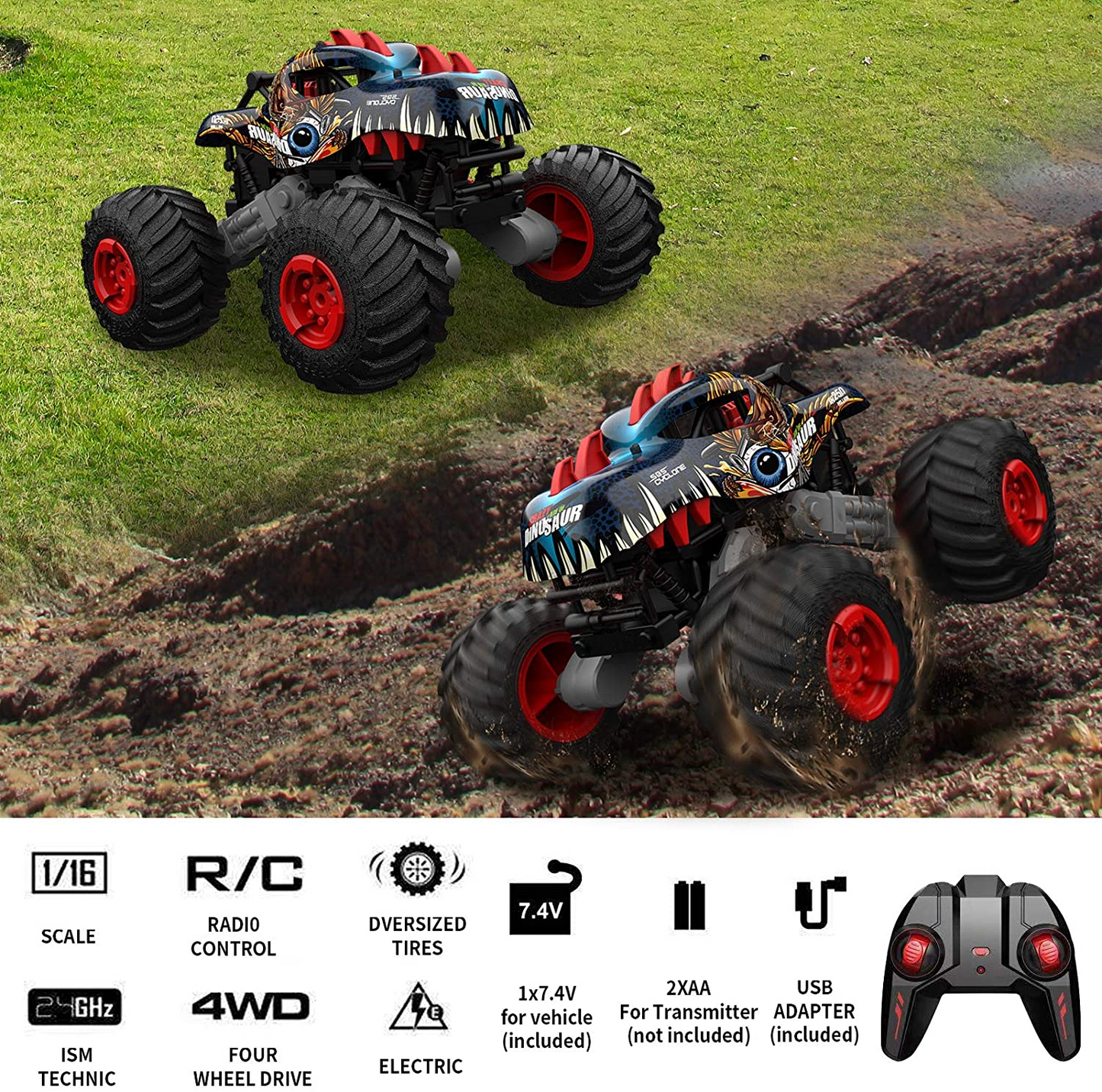1:16 Dinosaur RC Cars Monster Trucks for Boys Remote Control Car for Kids Toys Off Road 20+MPH 2.4GHz All Terrain 4WD