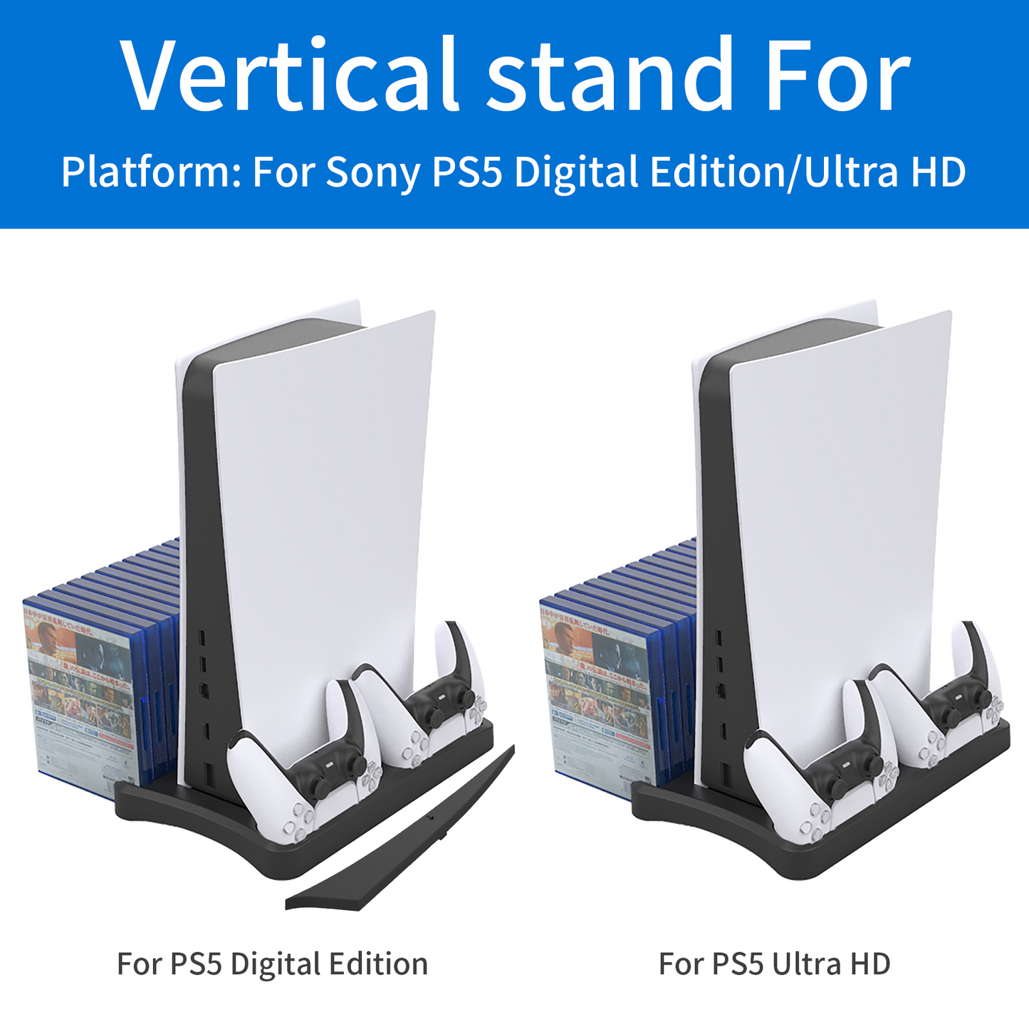 PS5 Vertical Stand Cooling Fan System Dual Controller Charging Station Docks with LED Indicator and 3 Port USB Hub for PS5