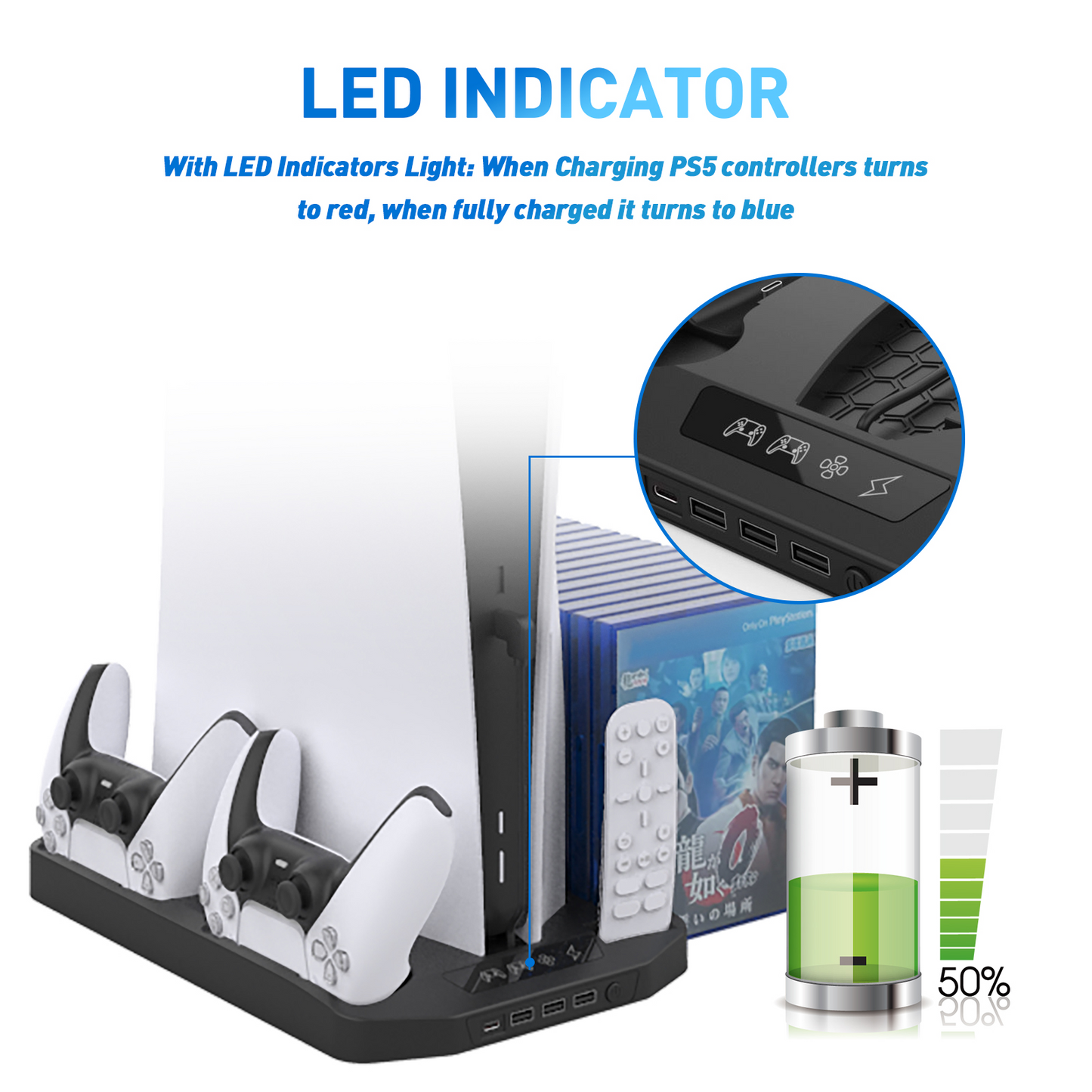 PS5 Vertical Stand Cooling Fan System Dual Controller Charging Station Docks with LED Indicator and 3 Port USB Hub for PS5