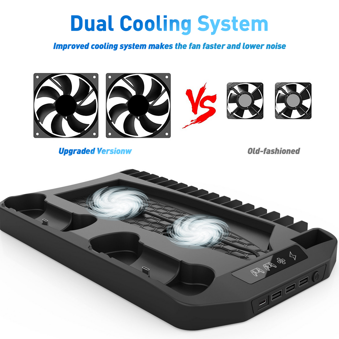 PS5 Vertical Stand Cooling Fan System Dual Controller Charging Station Docks with LED Indicator and 3 Port USB Hub for PS5