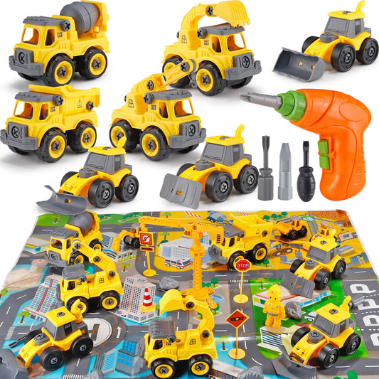 Toys for Boys 3-6 Years Take Apart Construction Trucks 8 Cars Toys with Electric Drill and Map Kids STEM Building Toys