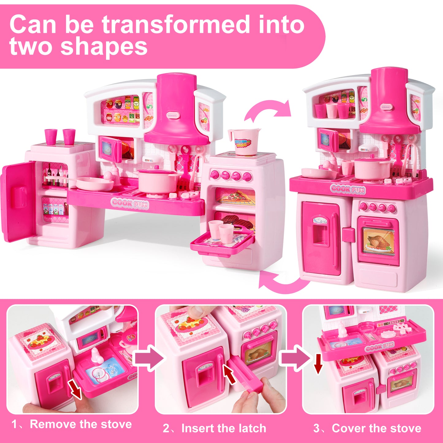 Girls Toys Play Kitchen Oven Playset Pretend Food Cooking Pink Kitchen Toys for Toddlers Sounds and Light Stove