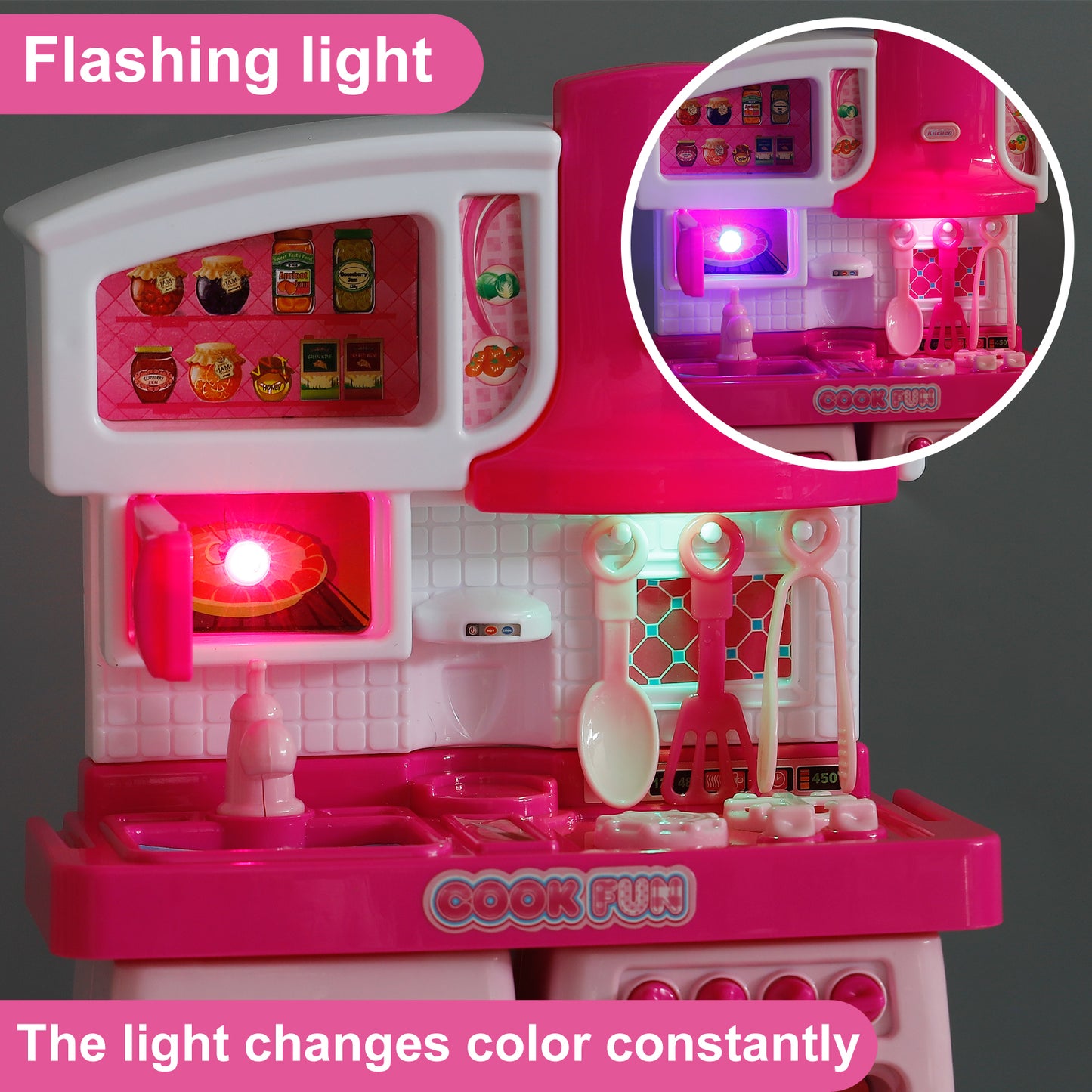 Girls Toys Play Kitchen Oven Playset Pretend Food Cooking Pink Kitchen Toys for Toddlers Sounds and Light Stove