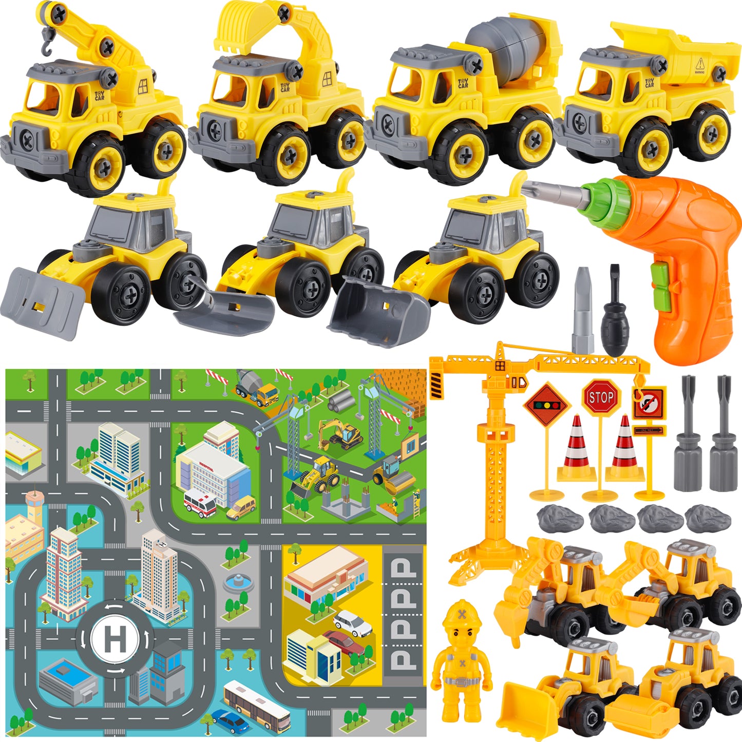 Toys for Boys 3-6 Years Take Apart Construction Trucks 8 Cars Toys with Electric Drill and Map Kids STEM Building Toys