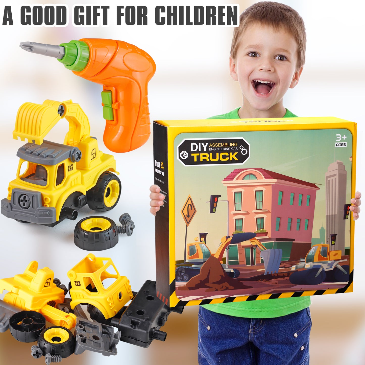 Toys for Boys 3-6 Years Take Apart Construction Trucks 8 Cars Toys with Electric Drill and Map Kids STEM Building Toys