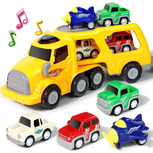 Truck Toys for 3 4 5 6 Year Old Boys, 5-in-1 Friction Power Toy Vehicle in Carrier Truck, Toddler Toys Car Toys plane for Boys for Kids Aged 3+