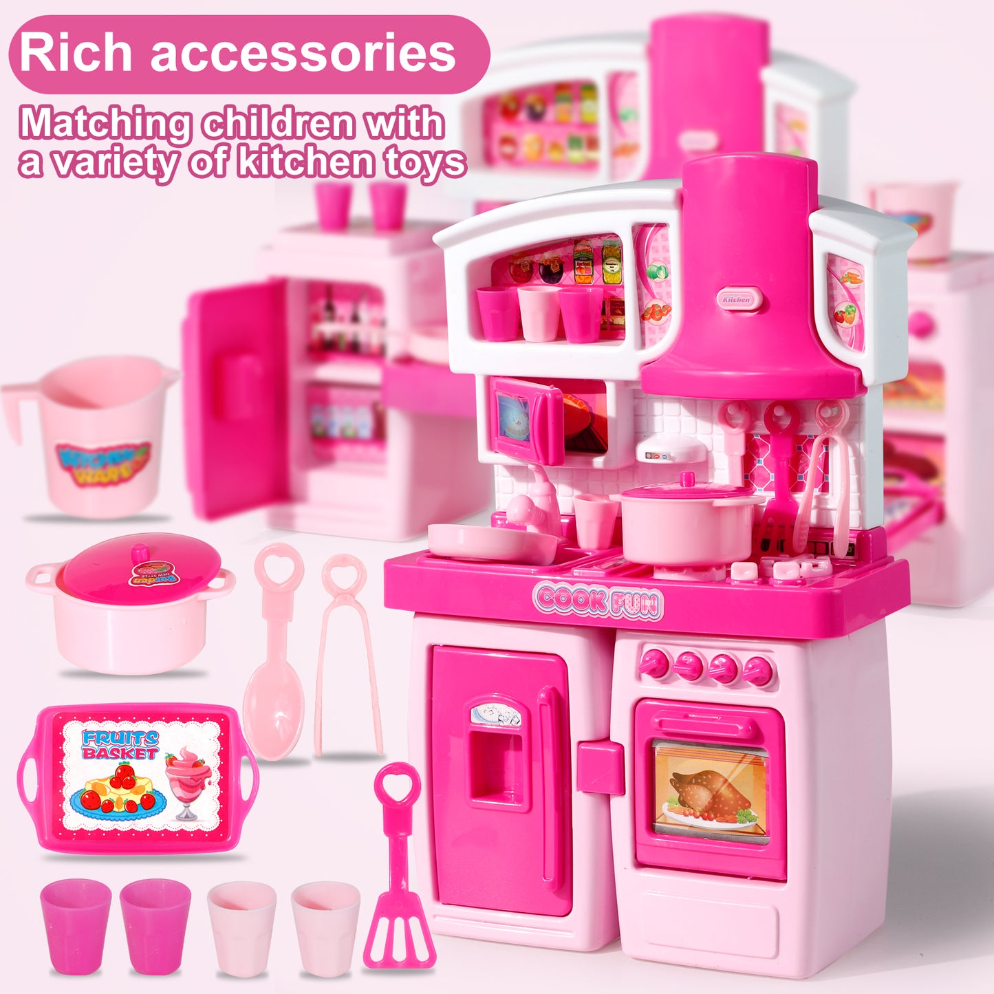 Girls Toys Play Kitchen Oven Playset Pretend Food Cooking Pink Kitchen Toys for Toddlers Sounds and Light Stove