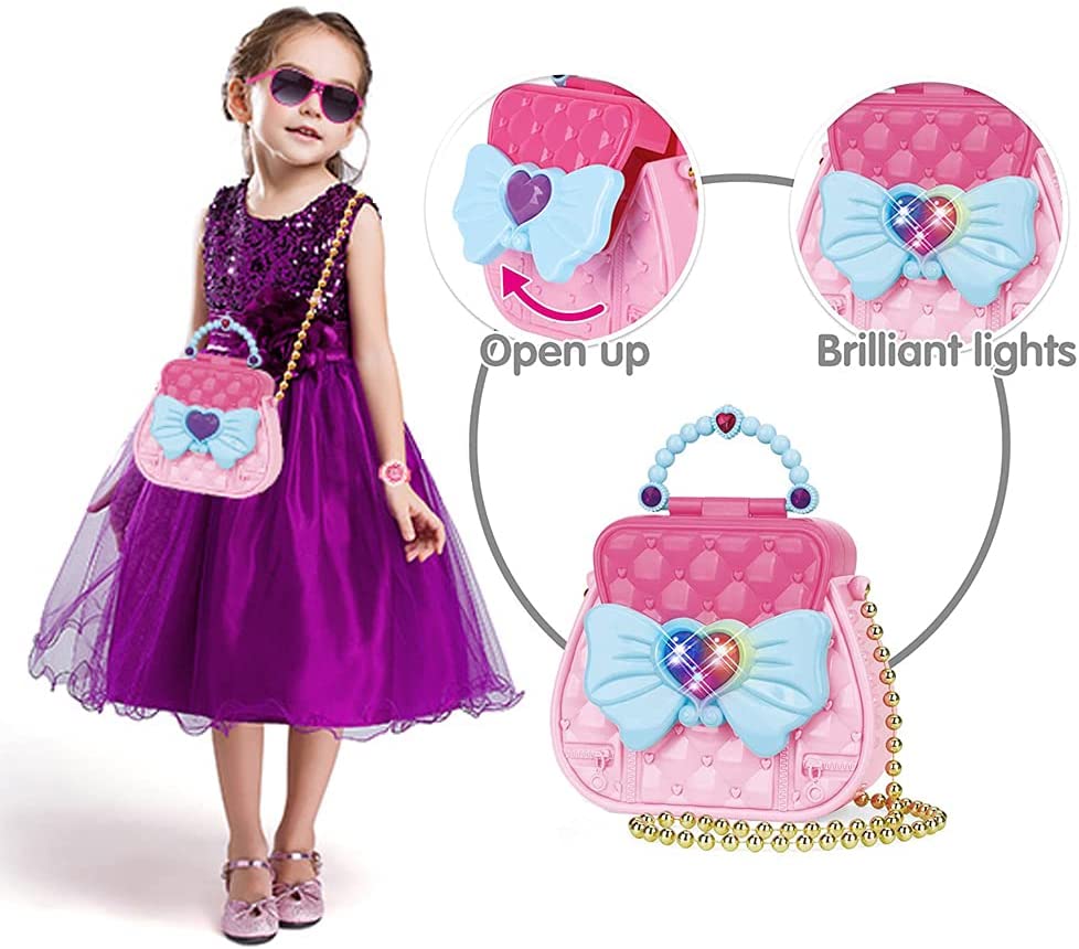 Pretend My First Purse Princess Set for Girls, Fashion Stylish Handbag with Pretend Play Beauty Makeup Accessories, Smart Phone, Watches, Glasses, Keys, Petty Cards for Little Kid, 17 Pcs