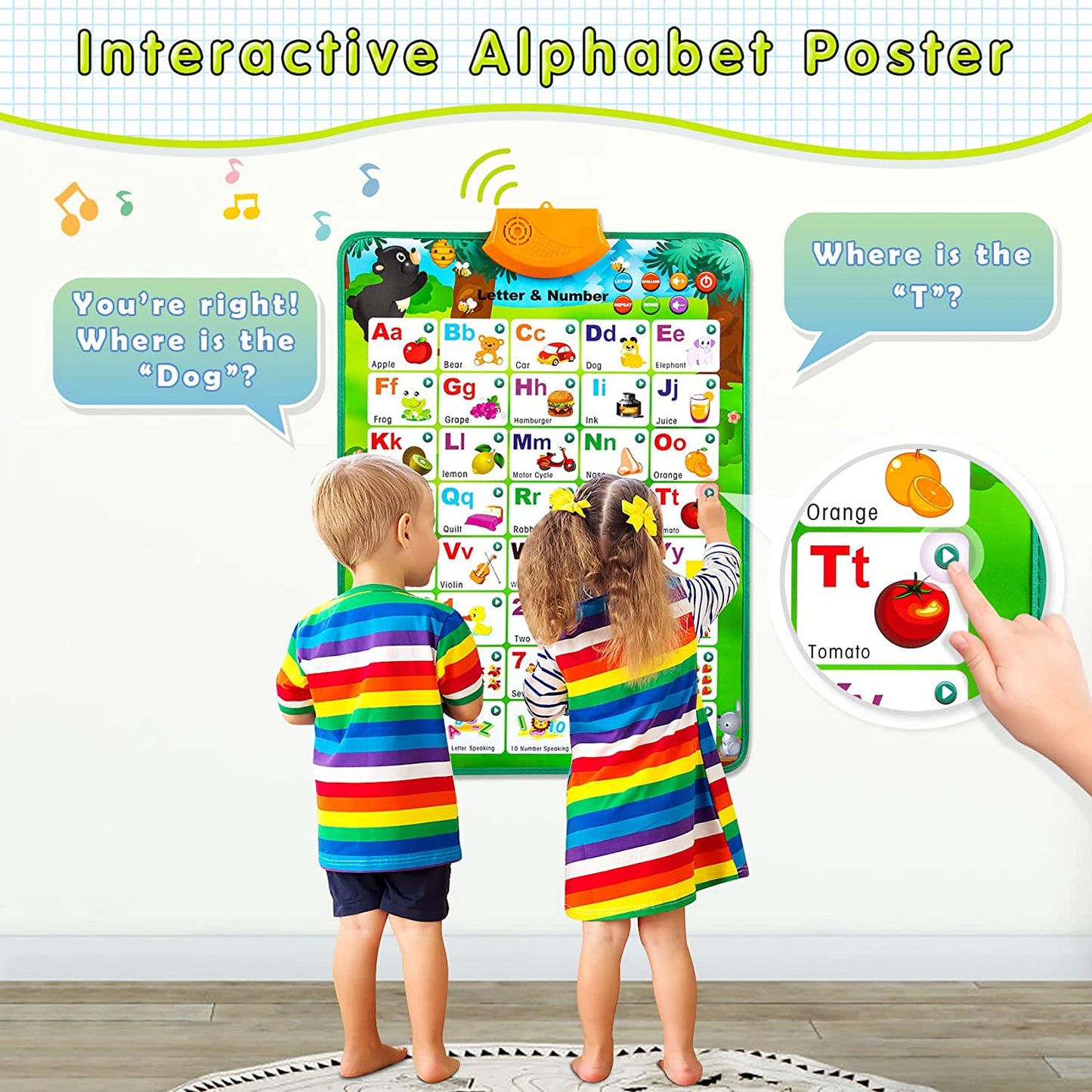 Electronic Interactive Alphabet Wall Chart: Talking ABC & 123s & Eng & Songs & Words & Piano Poster, Best Educational Montessori Toy for Toddler, Preschool Learning Toys for Boys & Girls