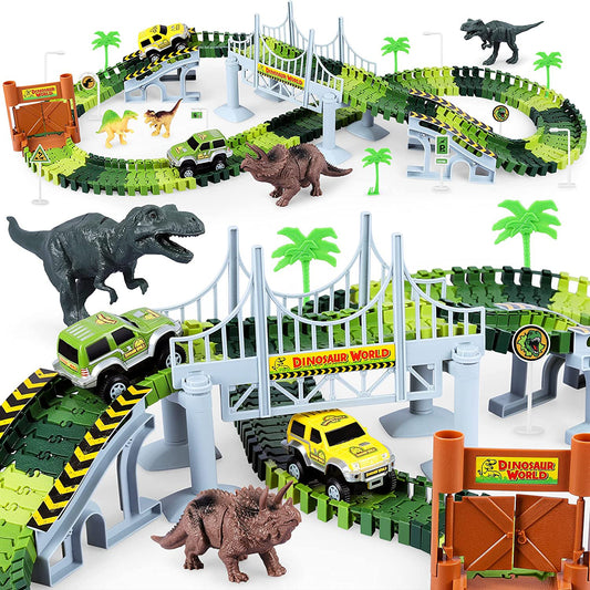 Dinosaur Toys-142 pcs Create A Dinosaur World Road Race-Flexible Track Playset ,2 Dinosaurs and 1 Race Car Toys for 3 4 5 6 Year & Up Old boy Girls Best Gift