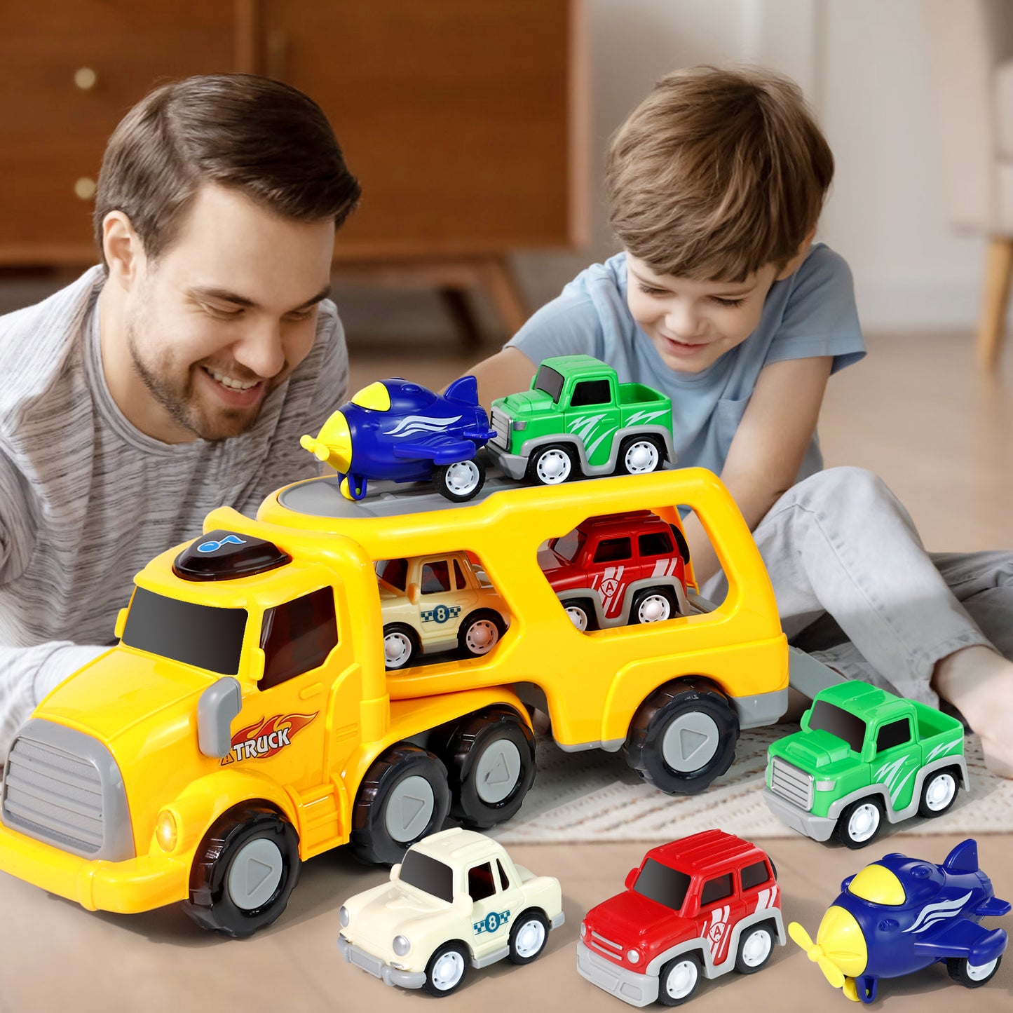 Truck Toys for 3 4 5 6 Year Old Boys, 5-in-1 Friction Power Toy Vehicle in Carrier Truck, Toddler Toys Car Toys plane for Boys for Kids Aged 3+
