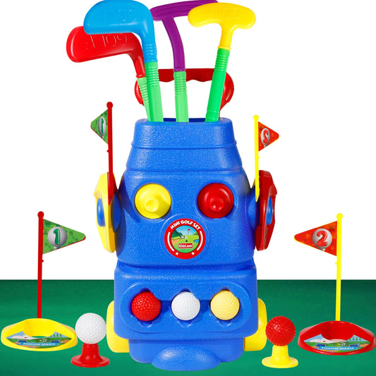 Kids Toy Golf Clubs Set Young Golfer Sports Kit with Cart 3 Balls 2 Practice Holes Flags & 2 Golf Tees Toddler Golf Sports Outdoors Indoors Exercise Toys for Boys & Girls