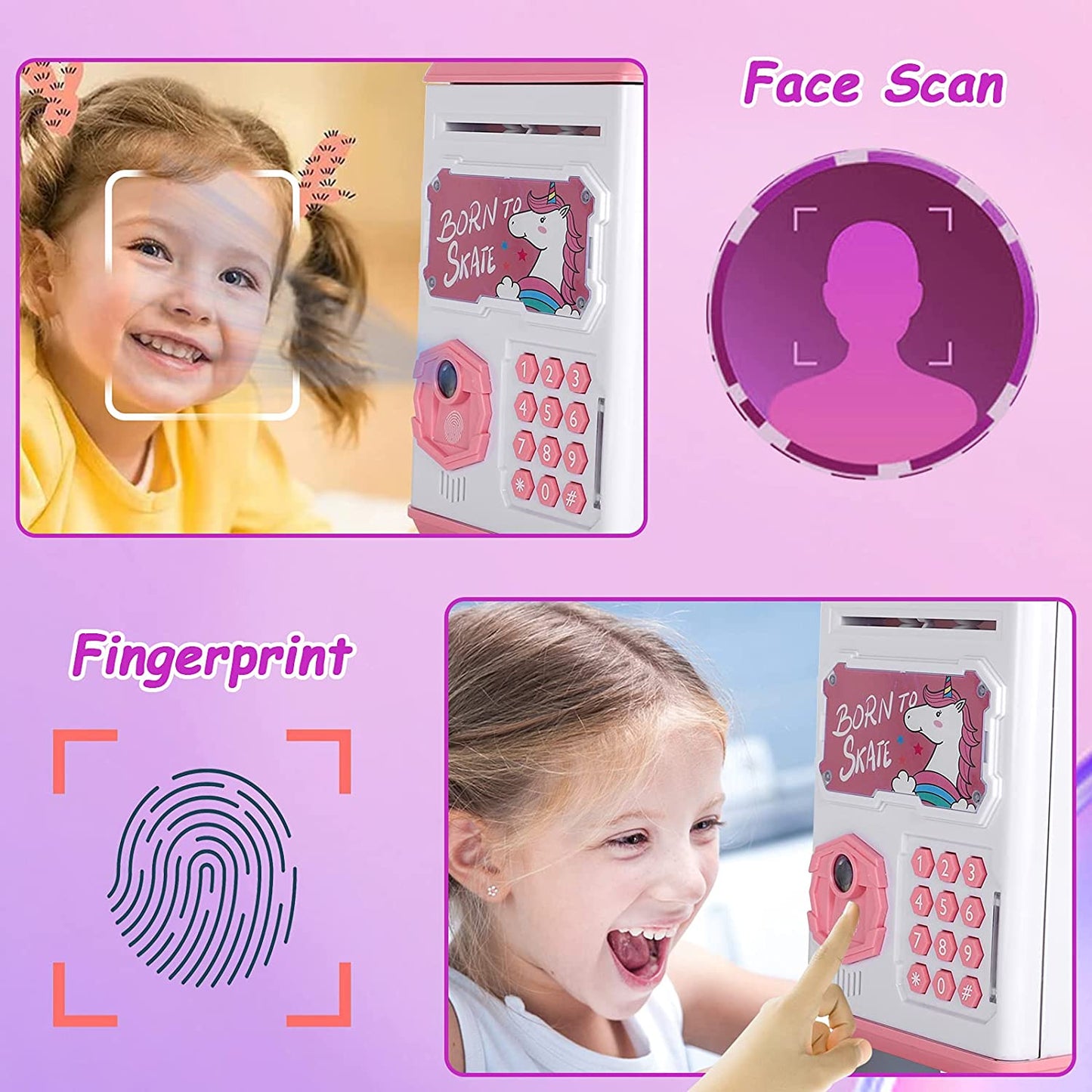 Unicorn Piggy Bank Girls Toys Money Bank Fingerprint & Face Scan Password Code Lock Cash Coin ATM Bank Birthday Gifts for 3-6 Years Old Girls