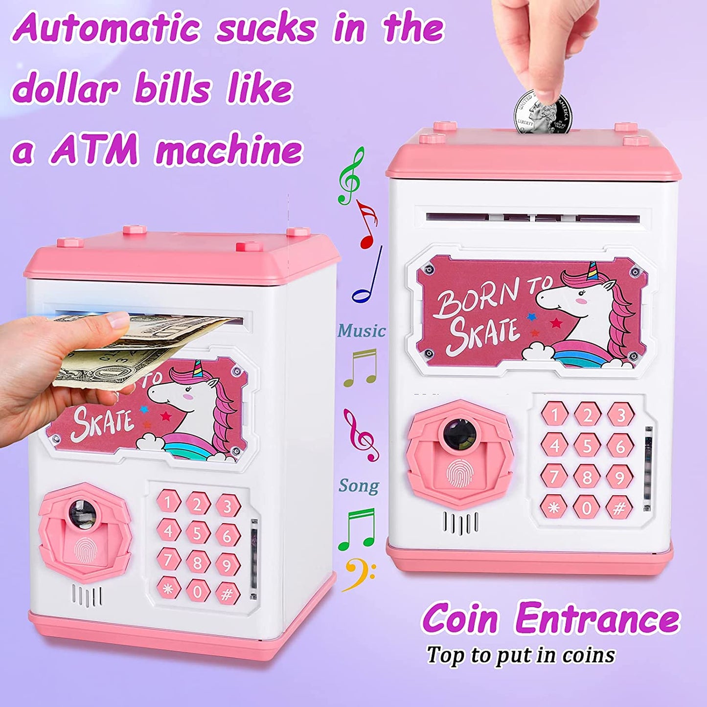 Unicorn Piggy Bank Girls Toys Money Bank Fingerprint & Face Scan Password Code Lock Cash Coin ATM Bank Birthday Gifts for 3-6 Years Old Girls