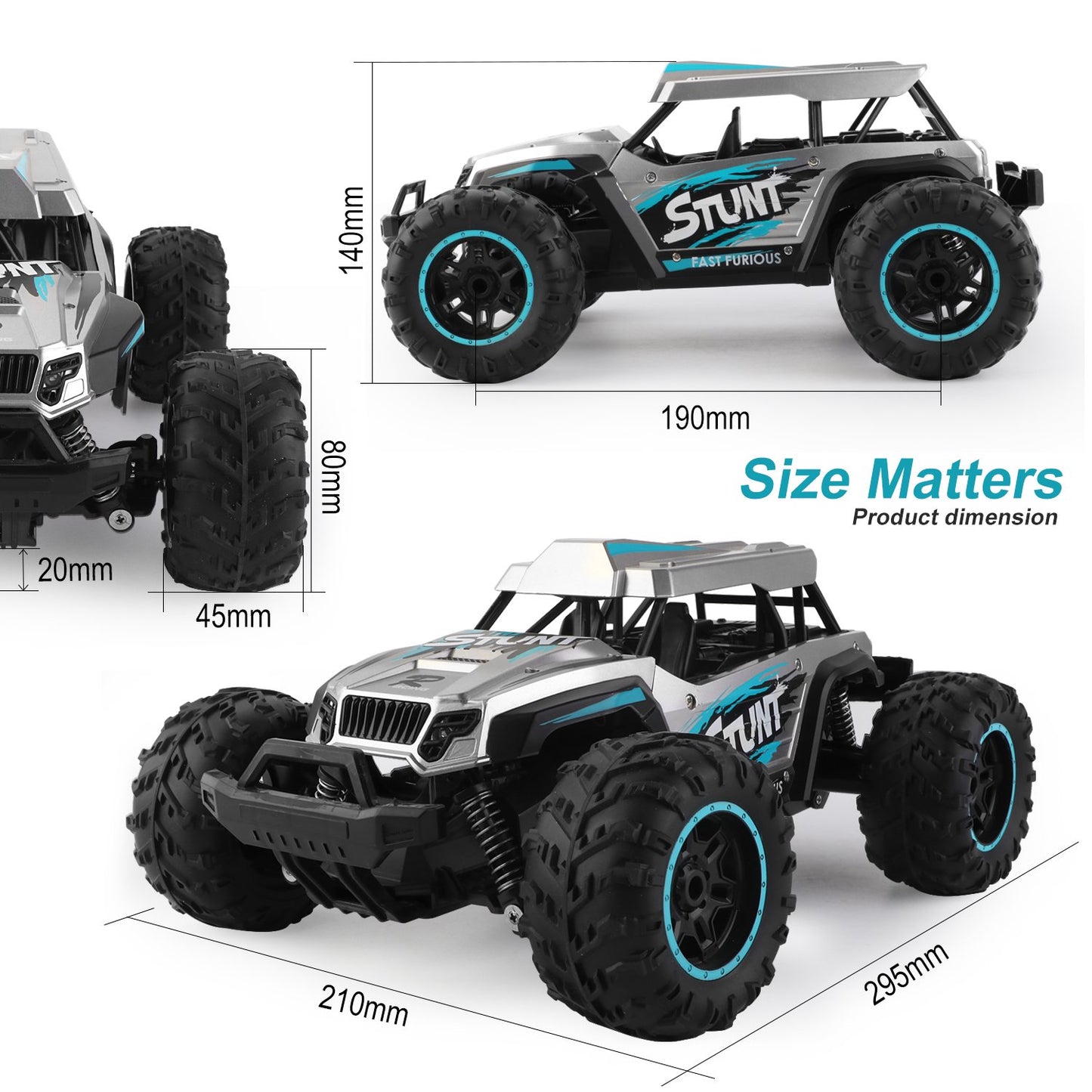 Kids Toys RC Cars Monster Truck 1:14 Remote Control Car 20+MPH 4WD 2.4GHz Off Road All Terrain Car Toys for 6-12 Years Old Boys with 2 Rechargeable Battery