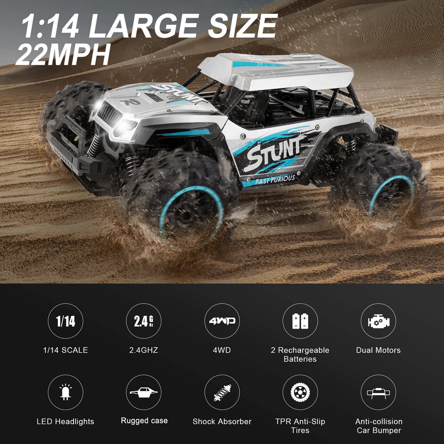 Kids Toys RC Cars Monster Truck 1:14 Remote Control Car 20+MPH 4WD 2.4GHz Off Road All Terrain Car Toys for 6-12 Years Old Boys with 2 Rechargeable Battery