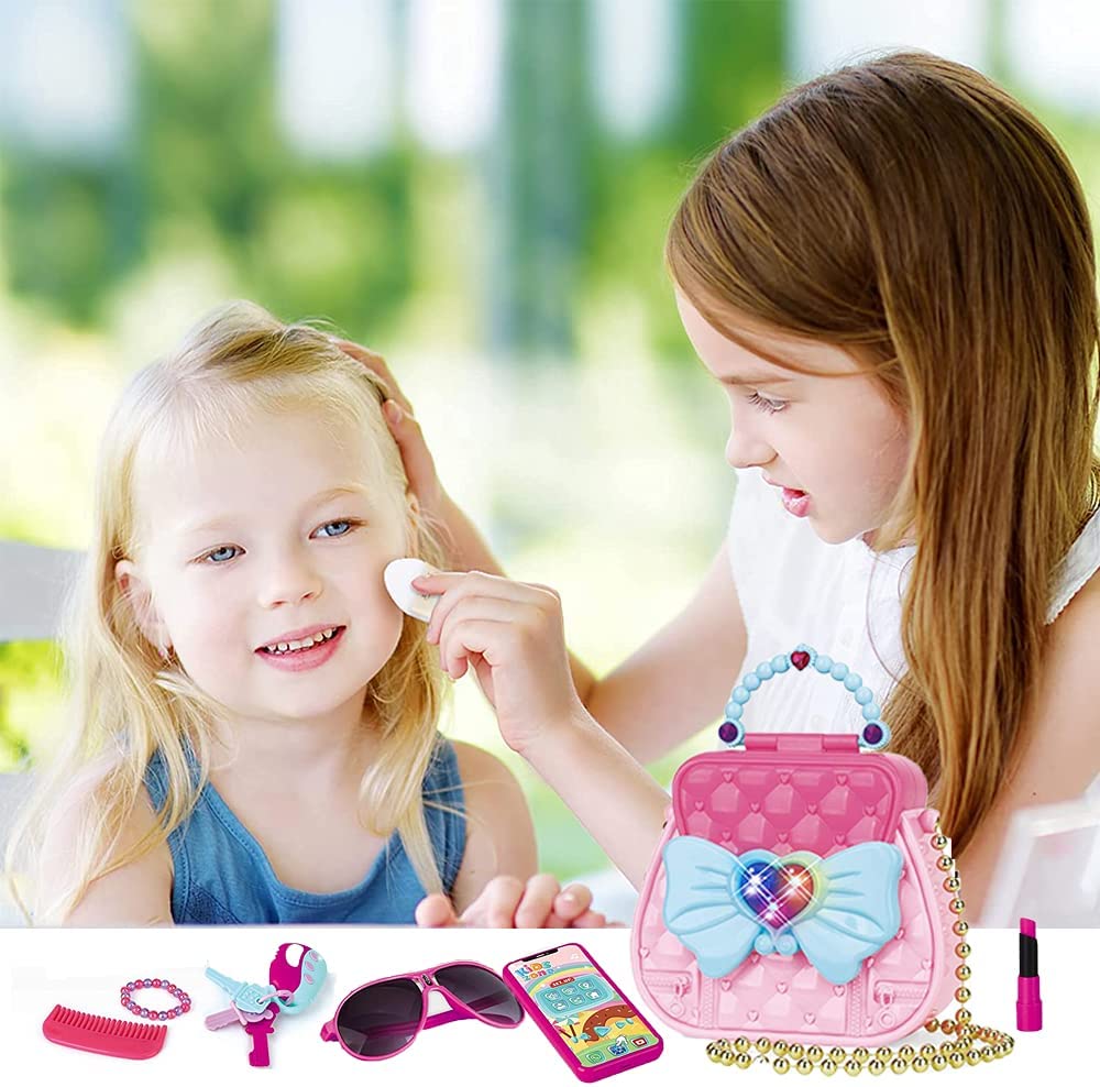 Pretend My First Purse Princess Set for Girls, Fashion Stylish Handbag with Pretend Play Beauty Makeup Accessories, Smart Phone, Watches, Glasses, Keys, Petty Cards for Little Kid, 17 Pcs